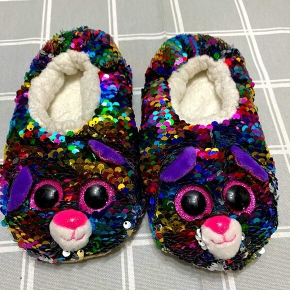 TY 2018 Dotty Cat Rainbow Sparkly Sequined Slippers USA (4-6) - Picture 1 of 6